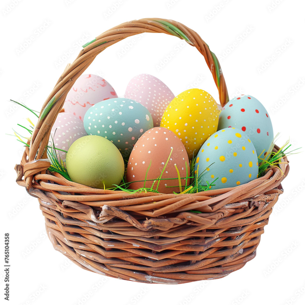 Basket full with colourful easter eggs isolated on a white background. With clipping path