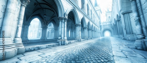  A digital artwork featuring a structure containing pillars, a timepiece affixed to its façade, and a cobbled road leading up to it