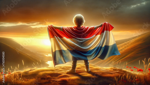 A child stands on a hill, the Dutch flag draped over shoulders, facing a breathtaking sunset.