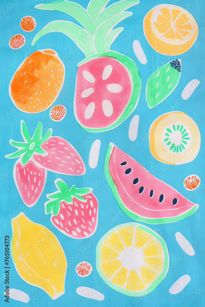 Vibrant Assortment of Hand-Painted Fruit Illustrations on Blue