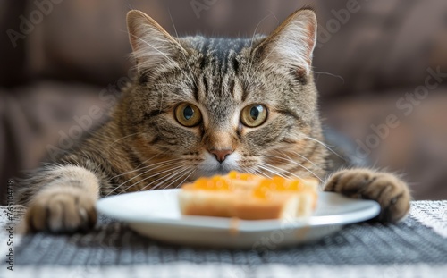 Curious cat eyeing on orange caviar snack - The inquisitive nature of a cat is charmingly displayed as it gazes at a plate of orange caviar, poised and elegant © Mickey