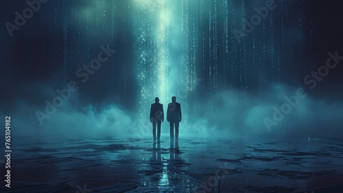 Couple gazing at starry light beams - A man and woman stand hand in hand, silhouetted against a backdrop of dazzling light beams in the darkness