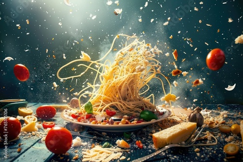 Explosive spaghetti action with ingredients - Dramatic and dynamic, this image frozen in time captures flying spaghetti with ingredients and cheese scattering mid-air