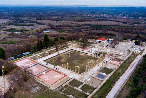 An aerial view of the Palace of Aigai following 16 years of restoration