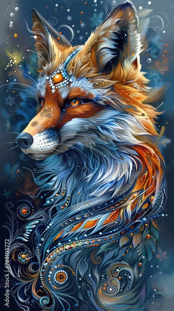 Fototapeta premium A painting of a fox with feathers on its head