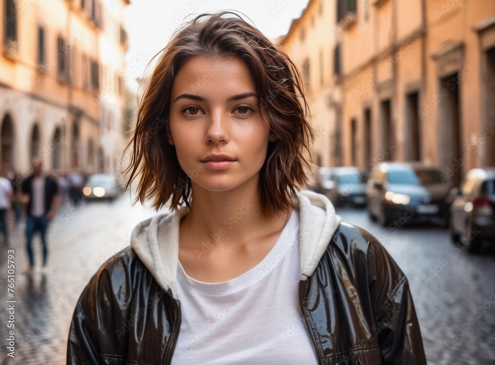 Portrait of a young girl with short hair on the street of the old town
