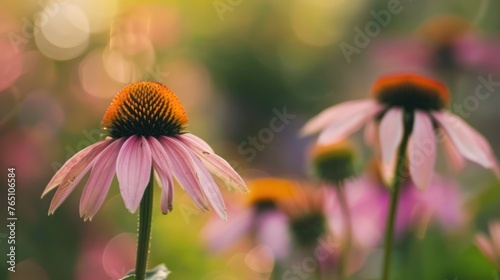 Beautiful coneflowers close up detailed in the garden of natural blur background. AI generated