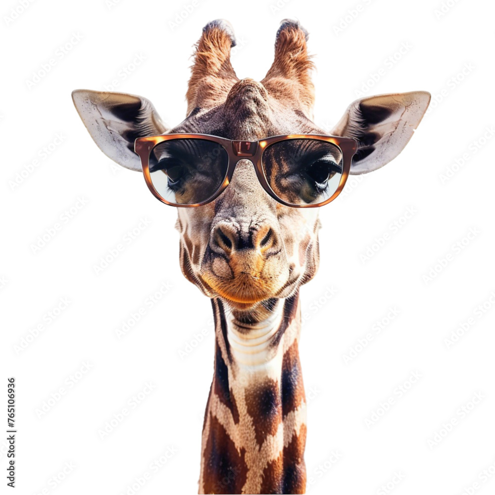 Portrait of a giraffe wearing sunglasses isolated on a white background. With clipping path