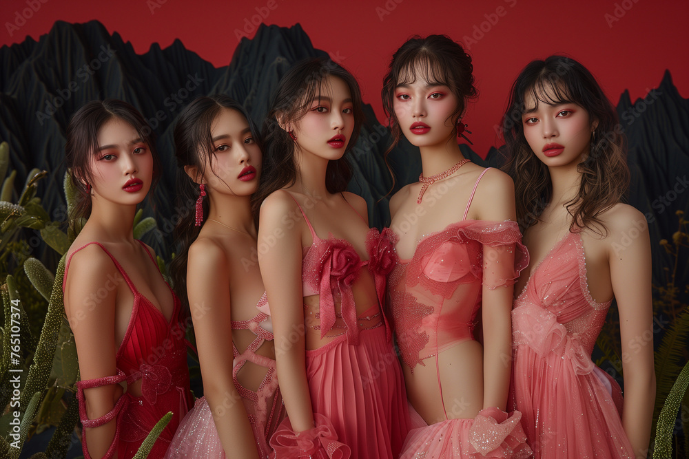 Fototapeta premium Crimson Silhouettes: Chinese Maidens in Pink Amidst Sunset and Peaks