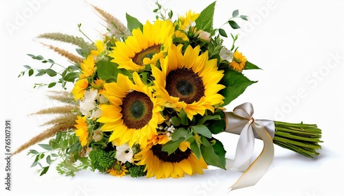 Wedding bouquet with sunflower flowers and grasses on a white background
