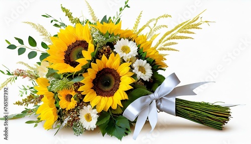 Wiązanka ślubna z kwiatami słonecznika i trawami na białym tle