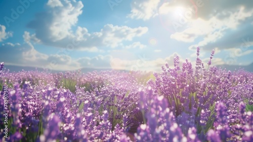 Beautiful lavender field on sunny day blue sky landscape. AI generated image