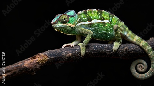 Portrait cute funny colorful chameleon animal on a branch of nature blur background. AI generated © yusufadi