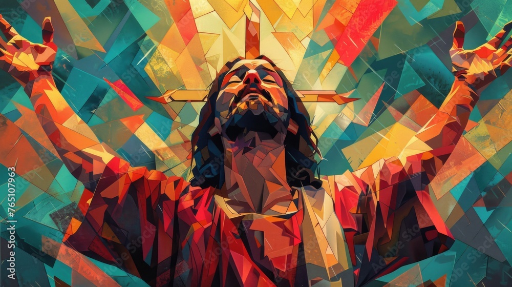 Fototapeta premium A painting of a man with a cross on his head, Jesus Christ illustration