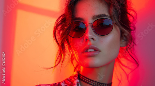 Stylish Woman with Sunglasses in Neon Glow