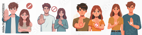 vector woman and man saying no with a gesture of rejecting an angry prohibition expression photo