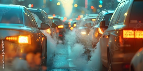 Traffic jam with cars emitting exhaust fumes causing air pollution. Concept Traffic congestion, Car exhaust fumes, Air pollution, Urban transport, Environmental impact © Ян Заболотний