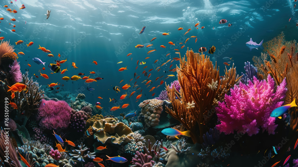 Reef Vibrance, A dive into a coral reef's diversity, the myriad of forms and colors showcasing the vibrant life beneath the waves.