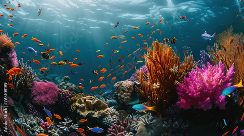 Reef Vibrance, A dive into a coral reef's diversity, the myriad of forms and colors showcasing the vibrant life beneath the waves.