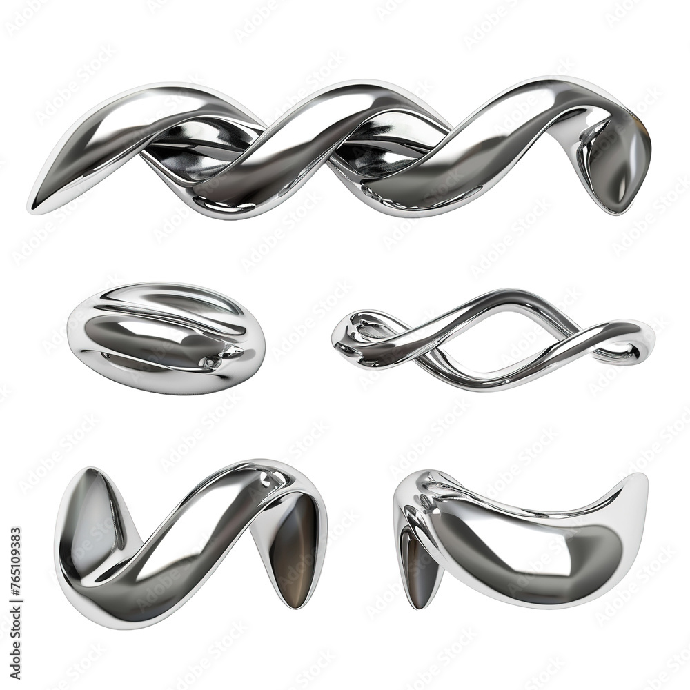 Naklejka premium Set of 3d rendering twisted chrome metallic shape on white background,png