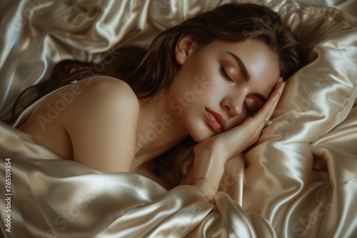 Beautiful woman sleeping on a silk pillow. Copy space.