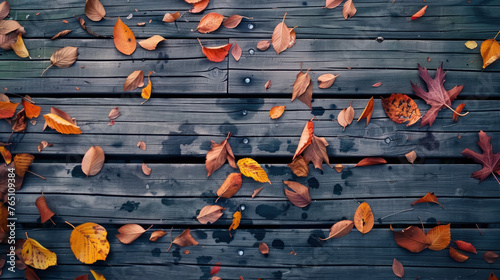 Autumn Harmony, A wooden surface strewn with fall leaves, the warm tones echoing the seasonal shift, an inviting scene of natural decor and the harvest season's palette.