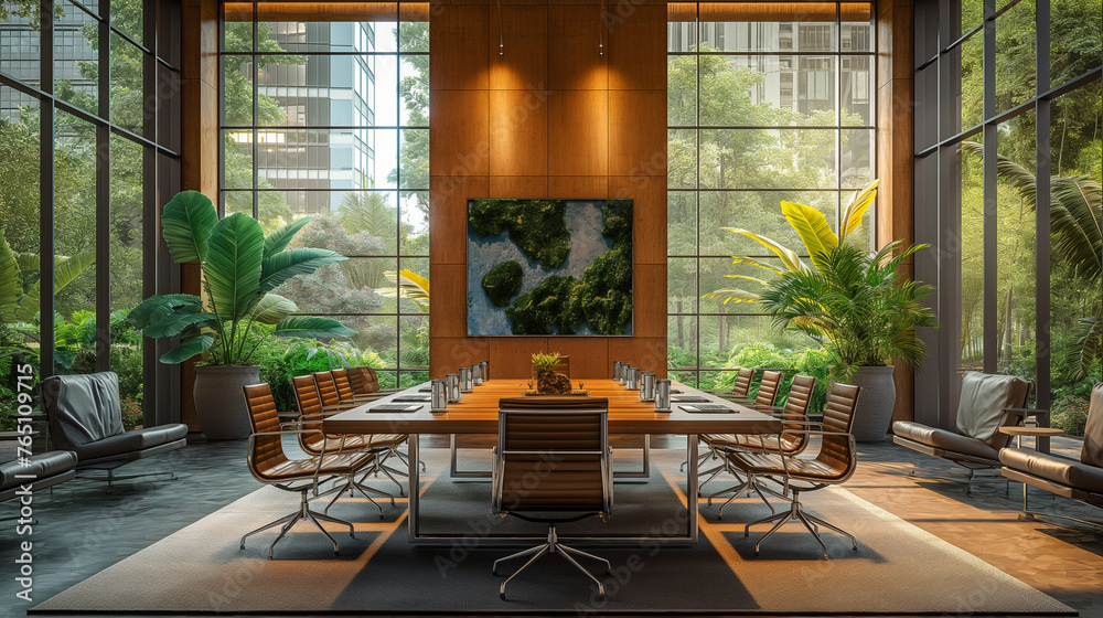 A sophisticated meeting room setting with glass walls offering panoramic views of a lush urban landscape, as professionals in business attire convene around a sleek conference tabl