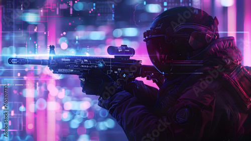 Futuristic Soldier in Cyberpunk Scenario Playing a Play-to-Earn FPS Video Game