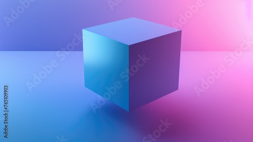 3D render of a single cube with gradient - A minimalist image with a 3D cube casting a shadow in a modern gradient color background