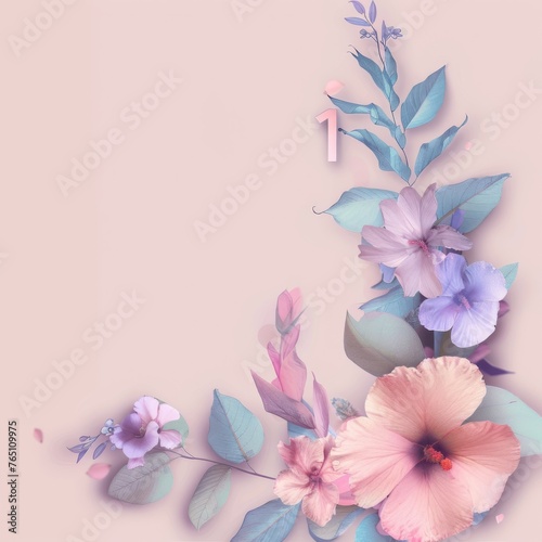 Illustration of number 1 and floral decoration soft color background 