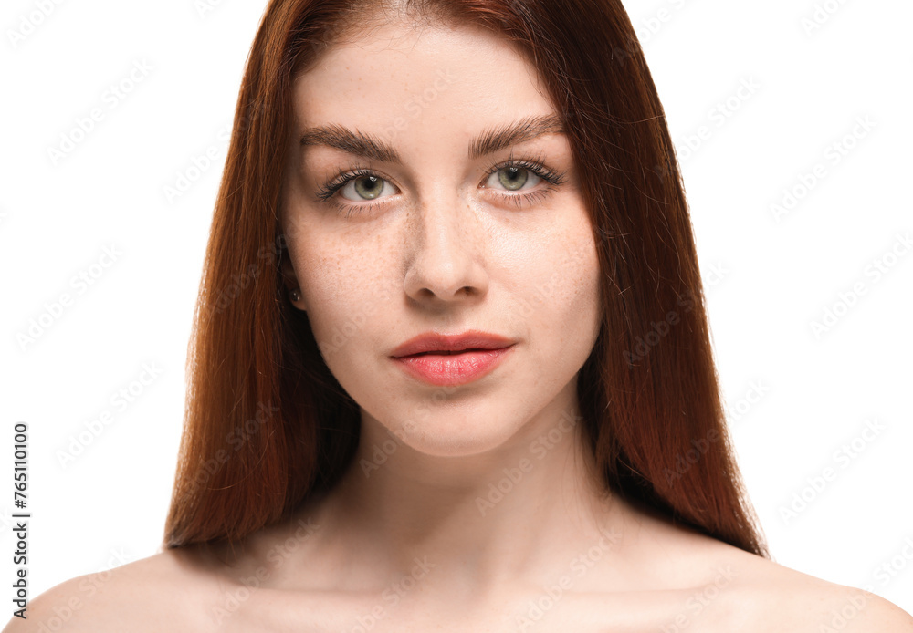 Portrait of beautiful woman with freckles on white background Portrait of beautiful woman with freckles on white background