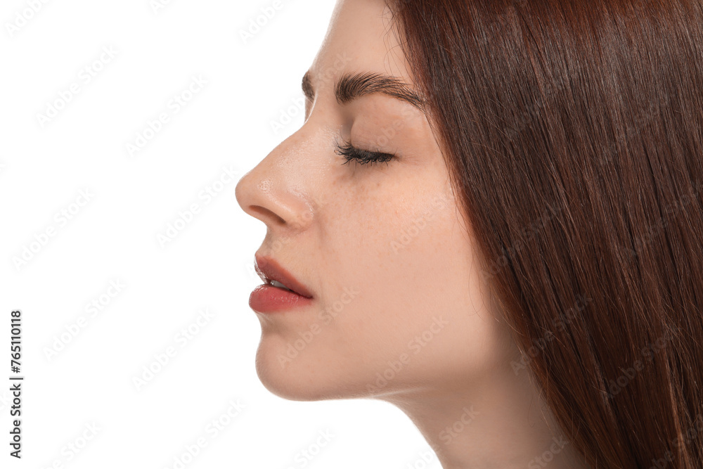 Portrait of beautiful woman with freckles on white background, closeup Portrait of beautiful woman with freckles on white background, closeup