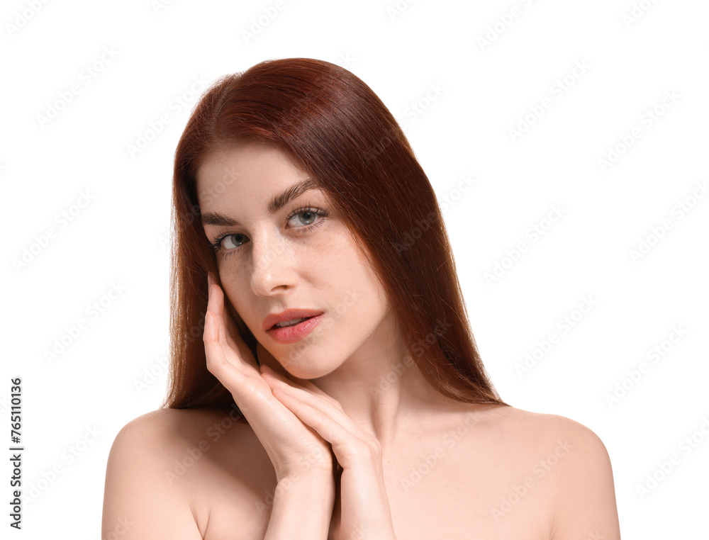 Portrait of beautiful woman with freckles on white background Portrait of beautiful woman with freckles on white background