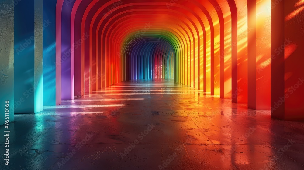 Vibrant corridor in rainbow colors - A striking image of a vibrant corridor illuminated in a spectrum of rainbow colors