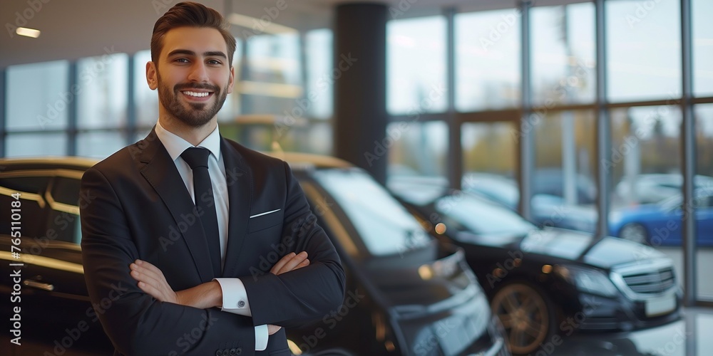 Professional salesperson for high-end vehicles in a showroom. A cheerful salesman in the showroom. Expensive car. vehicle dealership enterprise. automobile sector. - obrazy, fototapety, plakaty 