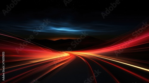 Red and gold streaks on a highway through mountains - Image depicts dynamic red and gold light trails on a highway surrounded by mountains, indicating motion and travel