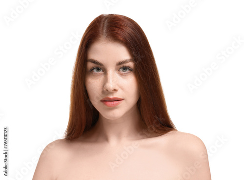 Portrait of beautiful woman with freckles on white background