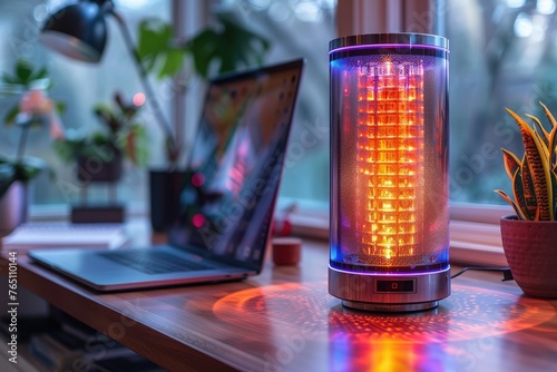Colorful desktop heater in cozy workspace - Vibrant and warm heater glows beside a laptop in a cozy, modern home office setup, capturing a comfortable work environment