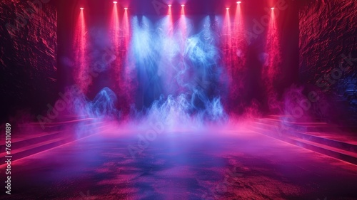 Futuristic stage with neon lights and smoke effects - A vibrant digital art piece depicting a futuristic stage setting bathed in neon lights with dramatic smoke effects in play