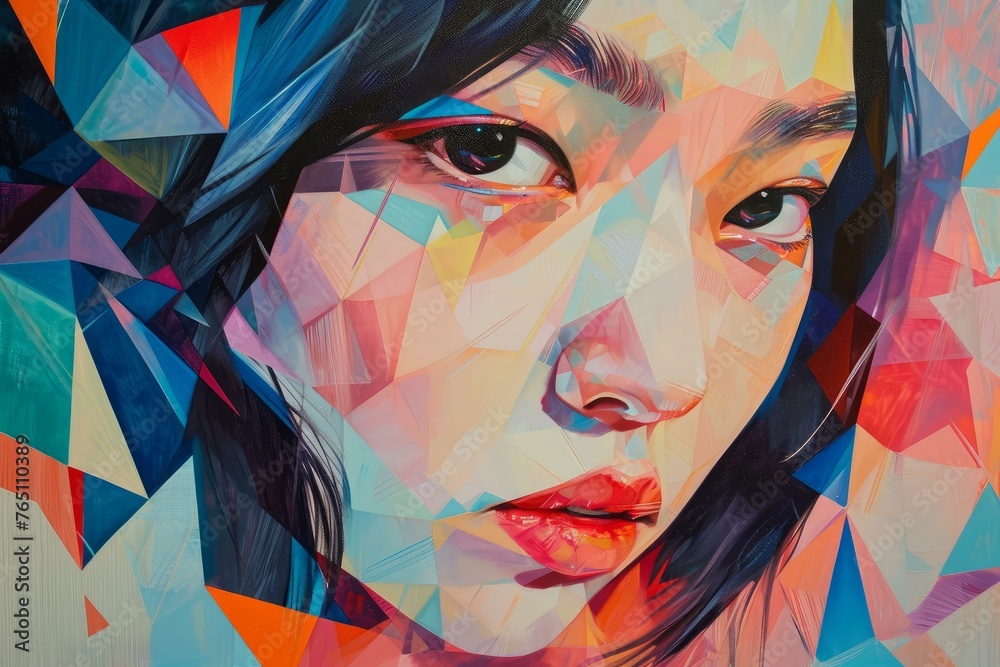 Vibrant Asian woman geometric portrait. Young female. Generate Ai