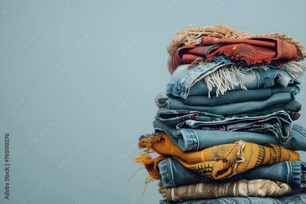 A stack of textile items for recycling promoting sustainability and awareness of global climate change in fashion industry. Concept Sustainable Fashion, Textile Recycling, Climate Change Awareness - obrazy, fototapety, plakaty 
