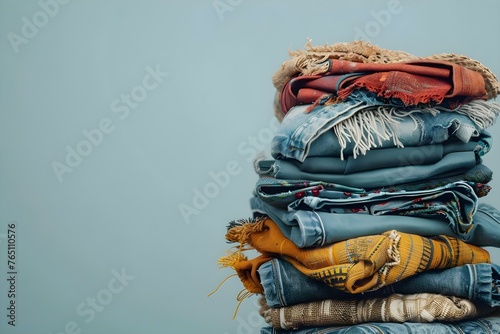 A stack of textile items for recycling promoting sustainability and awareness of global climate change in fashion industry. Concept Sustainable Fashion, Textile Recycling, Climate Change Awareness