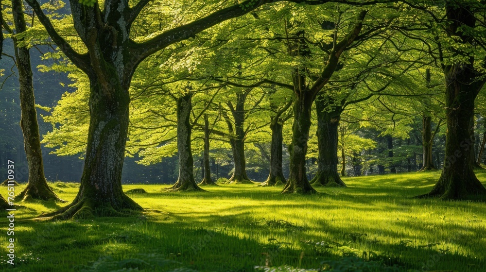 Natural scene big beech trees in spring time landscape background. AI generated image