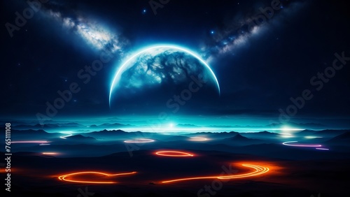 A fantastic planet illuminated with neon glows under the starry sky. An image of an amazing and mysterious atmosphere on an alien planet. Creative, AI Generated © DEER FLUFFY