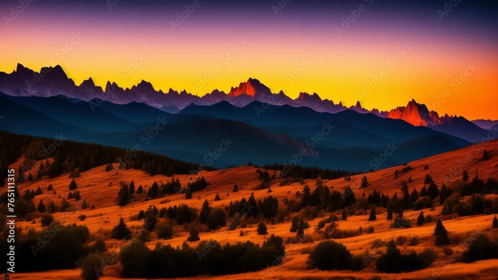 Beautiful lights of a mountain sunset illuminating the contours of rocky peaks. The grandeur and beauty of the sunset landscape. Creative, AI Generated