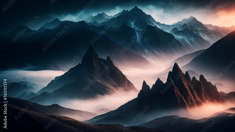Mysterious fog enveloping the mountain peaks in the middle of the day. An image of mystery and mystery in nature. Creative, AI Generated - obrazy, fototapety, plakaty 