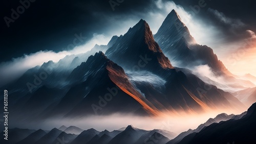 Mighty mountain peaks shrouded in light morning fog. Greatness and inspiration in natural landscapes. Creative, AI Generated © DEER FLUFFY