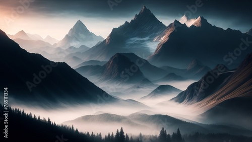 Mighty mountain peaks shrouded in light morning fog. Greatness and inspiration in natural landscapes. Creative, AI Generated