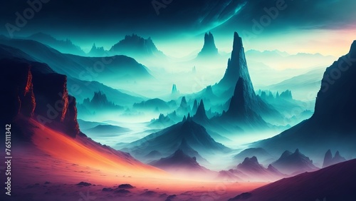 Misty valleys on an alien land. Mysterious atmosphere and mysterious landscapes. Creative  AI Generated