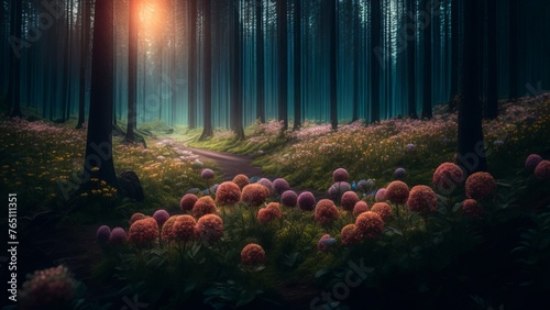 Blooming spring flowers in an unearthly forest. An inspiring image of renewal and life in nature. Creative, AI Generated © DEER FLUFFY